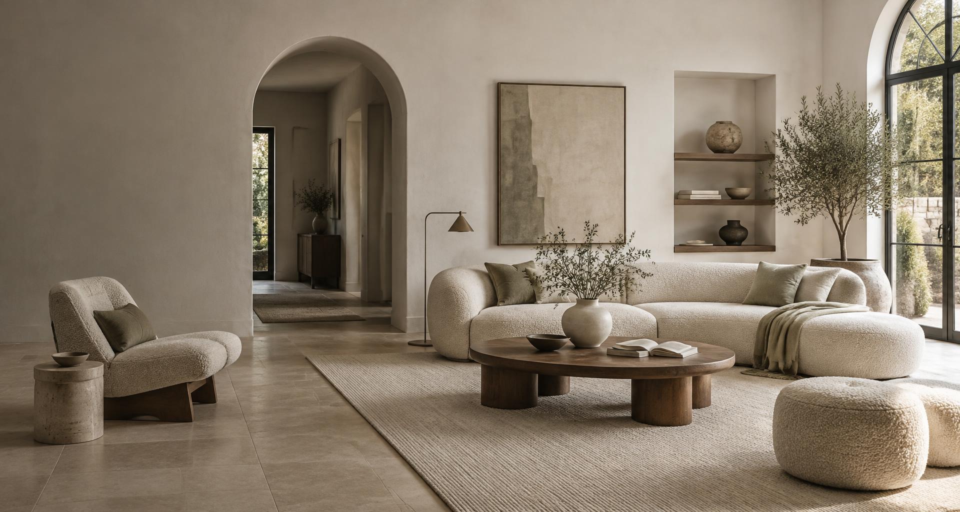 A refined living room with sculptural furniture and thoughtfully styled objects